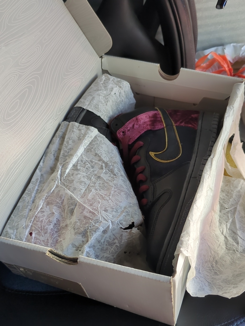 Nike Dunk High SB "Bloody Sunday" Black with Burgundy Velvet and Gold Swoosh